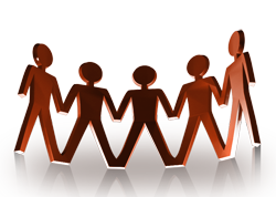 Computer generated graphic of man like figures holding hands